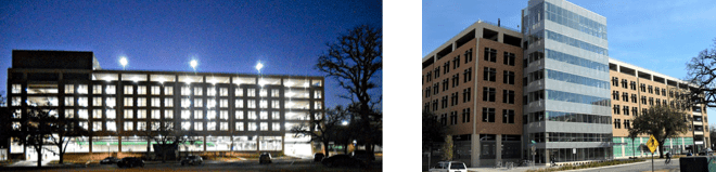UNT Highland Street Parking Garage and Administration Offices, Denton, Texas – 950 vehicles, Satellite Chiller Plant & Parking Administration, Received LEED V 2.2 Gold Certification 2012